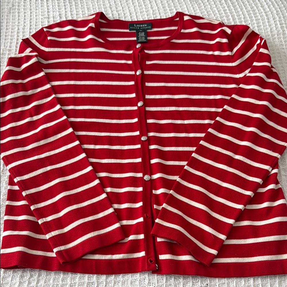 Lauren Ralph Lauren Red/White Striped Silk Cardigan - Size XL